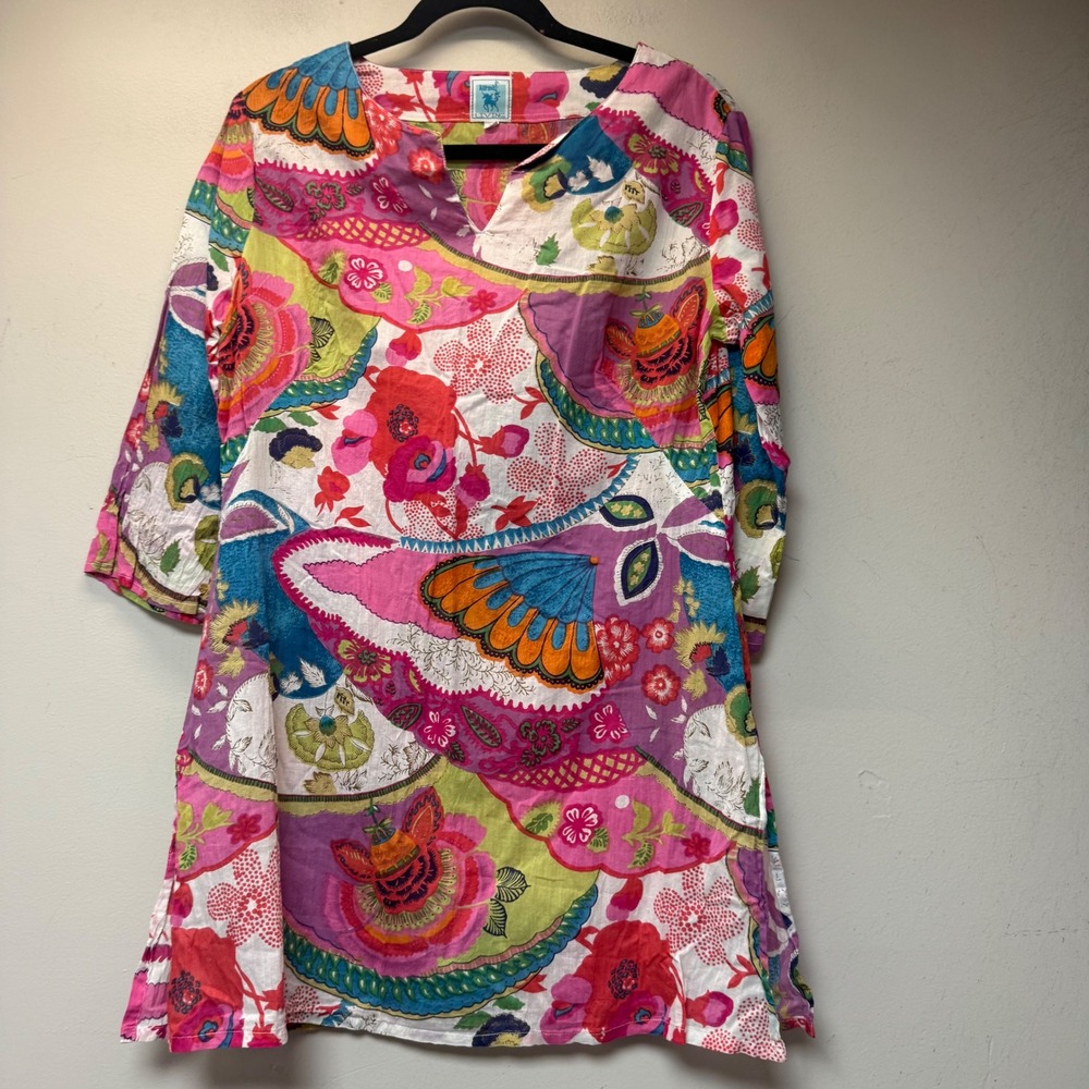 Karma Living Tunic Top Womens Large Multi-Color Excellent Cotton Boho Floral